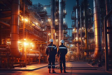 Refinery industry engineer are working and discussing at front oil and gas industrial factory,Oil refinery plant for industry..