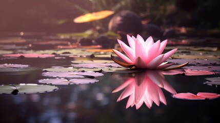A Serene Photograph of a Pond Adorned with a Beautiful Lotus Flower