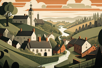 English, French or European Town or Village set in the Countryside with Churches, Countryside in a Peaceful Setting rolling hills rural Quaint old fashioned Stylised Illustration