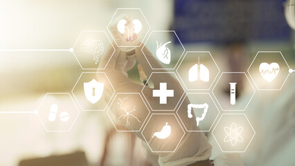 A gloved doctor's hand holding the vaccine needle stands out and looks up. Smart medical icon