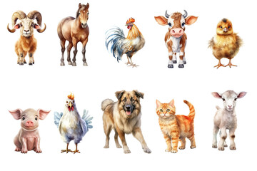 Safari Animal set sheep, horse, rooster, cow, chicken, pig, chicken, dog, cat in watercolor style. . Generative AI