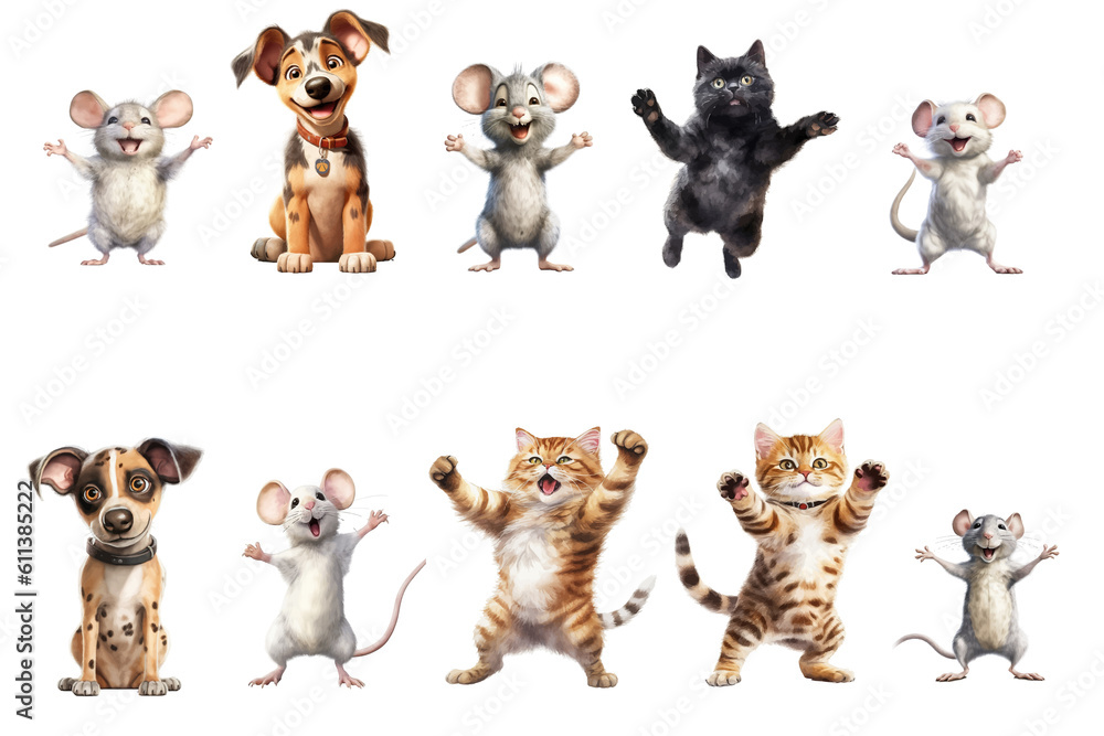 Sticker Safari Animal set cats and dogs of different breeds with mice in watercolor style. Isolated. Generative AI