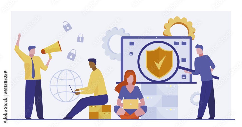 Poster programmers checking data safety vector illustration. cartoon drawing of engineers preventing digita