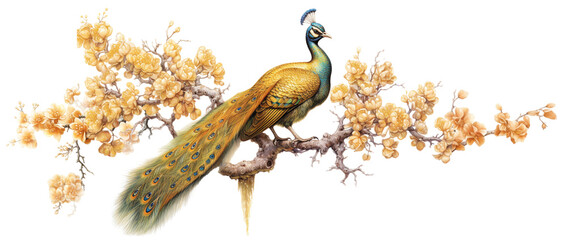 Peacock standing on magnolia flower branch, png isolated on transparent background. Generative AI