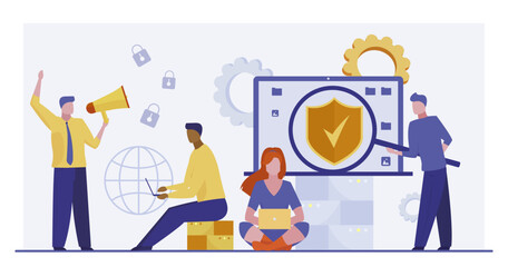 Programmers checking data safety vector illustration. Cartoon drawing of engineers preventing digital safety breach. Technology, cybersecurity, programming concept