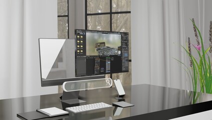 Unleashing Creative Potential: Computer with Dynamic Screen Display Featuring an Illustration of a Designer Crafting Artwork Using 3D Rendered Software Application.