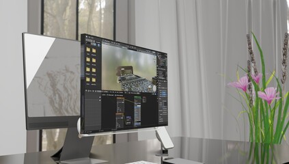 Unleashing Creative Potential: Computer with Dynamic Screen Display Featuring an Illustration of a Designer Crafting Artwork Using 3D Rendered Software Application.
