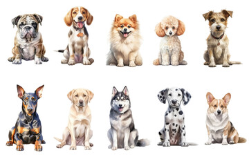 Fototapeta na wymiar Safari Animal set dogs of different breeds in watercolor style. Isolated . Generative AI