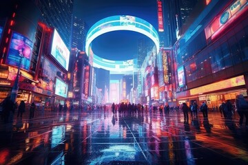 Capture the vibrant energy of a bustling city street at twilight with a fisheye lens, showcasing the neon lights and bustling nightlife generated AI