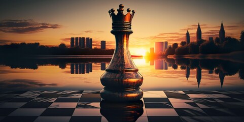 chess King Piece with panoramic background - obrazy, fototapety, plakaty