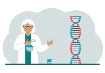 Old female doctor with flasks near the dna chain. The concept of treating a new coronavirus, virus, pcr or disease.