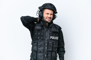 Fototapeta premium Young caucasian SWAT man isolated on white background with neckache