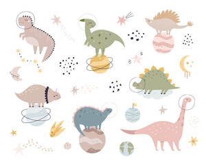 Set of cute and funny space dinosaurs with cosmic objects cliparts