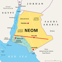 Regions and places of NEOM, political map. Planned smart city in Tabuk Province, Saudi Arabia with multiple regions, a floating industrial complex, global trade hub, tourist resorts and a linear city.