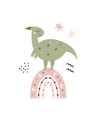 Illustration with a cute dinosaur and boho rainbowin a simple hand drawn style.