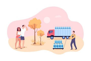 Courier delivering water for couple vector illustration. Cartoon drawing of truck with water bottles, tired man and woman suffering from high temperature. Water delivery, drought, ecology concept