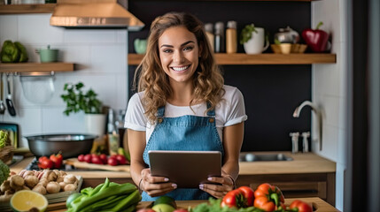 Blonde woman using a tablet computer to cook in her kitchen Generative AI