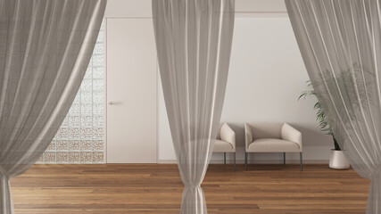 White openings curtains overlay white waiting room, interior design background, front view, clipping path, vertical folds, soft tulle textile texture, stage concept with copy space