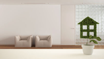 White table top or shelf with green plant in pot shaped like house, sitting waiting room with grass brick wall in the background, interior design, eco architecture concept idea