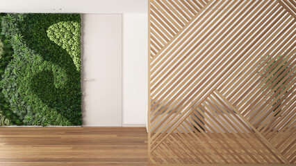 Obraz na płótnie Canvas Wooden panel close-up, white sitting waiting room with vertical garden and armchairs. Zen interior design concept idea, contemporary architecture template