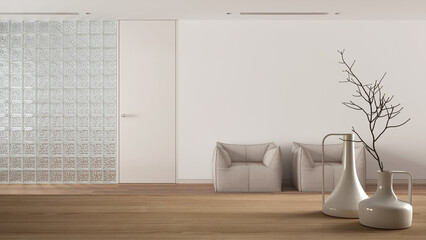 Wooden table top or shelf with minimalistic modern vases over sitting waiting room with glass brick wall, minimal architecture interior design