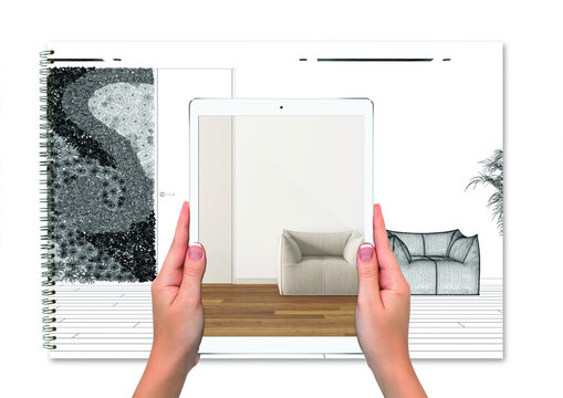 Hands holding tablet showing sitting waiting room, total blank project background, augmented reality concept, application to simulate furniture and interior design products