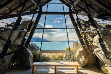 Punatahu Visitor Center at Lake Pukaki. The center overlook the lake and Mount Cook can be seen during good weather. 