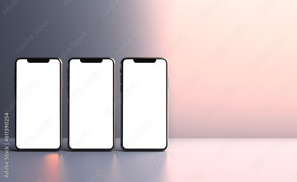 Poster smartphone handphone phone with transparent screen cutout on light gradient background, png file. mo
