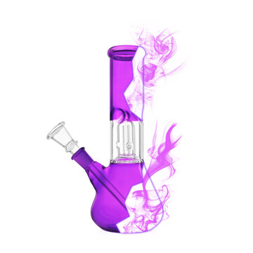 Laboratory purple bong for smoking marijuana is purple on a white background. The glass bong is half the purple smoke. Smoking marijuana on a pure white background. Percolator bong splash guard