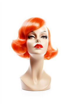 wig head mannequin with red bob wig isolated on white background, made with generative ai