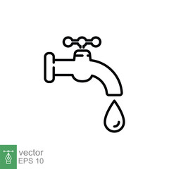 Water tap icon. Simple outline style. Faucet, pipe, leak, valve, drop water, leaky, dripping tap concept. Thin line symbol. Vector illustration isolated on white background. EPS 10.
