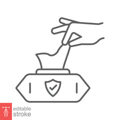 Hand pulling wet tissue icon. Simple outline style. Hand tissues box, handkerchief, wash, hygiene concept. Thin line symbol. Vector illustration isolated on white background. Editable stroke EPS 10.