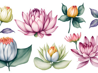 Fototapeta na wymiar set of watercolor lotus on transparent background, generative ai