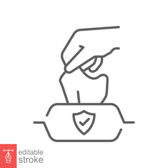 Hand pulling wet tissue icon. Simple outline style. Hand tissues box, handkerchief, wash, hygiene concept. Thin line symbol. Vector illustration isolated on white background. Editable stroke EPS 10.