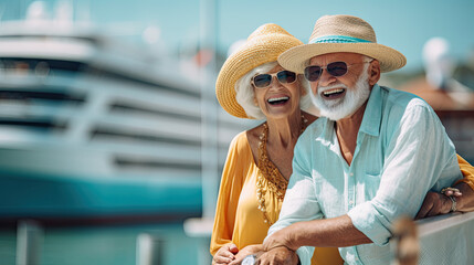 Active seniors taking at vacation with cruise ship on background. Summer vacation Generative AI - obrazy, fototapety, plakaty