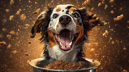 Domestic life with pet. Feeding hungry dog. The owner gives his dog a bowl of granules. Generative AI
