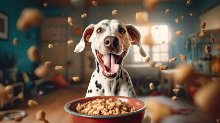 Domestic life with pet. Feeding hungry dog. The owner gives his dog a bowl of granules. Generative AI
