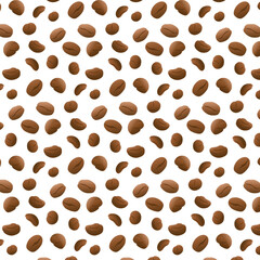 Seamless pattern coffee beans. Robusta, arabica. Cappuccino, mocha, espresso, latte, chocolate ingredient. For posters, logos, labels, banners, stickers, product packaging design, etc