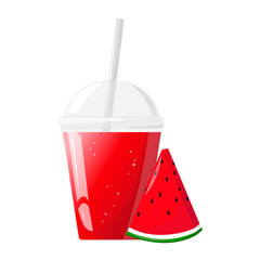 Red fresh watermelon juice in plastic glass. Fruit juice in clear plastic cup. Vector illustration for design of fresh product, juice, canned food, menu for cafe