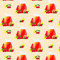 Seamless pattern Lemonade juice jugs with fruits. Refreshing drink. For design of fresh product, juice, canned food, menu for cafe, poster. Flat vector illustration design