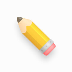 Cartoon yellow pencil isolated on white background. Realistic 3d object. Pencil icon. Vector illustration