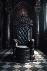 Decorated empty throne hall. Black throne.