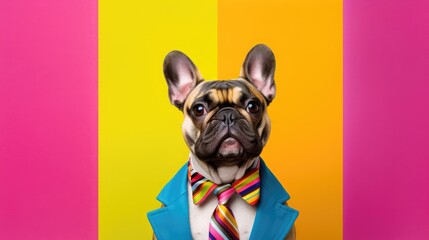 Banner adorable dog french bulldog breed making angry face and serious face on colorful background, Happy dog smile ready to summer, Purebred Dog Concept - obrazy, fototapety, plakaty