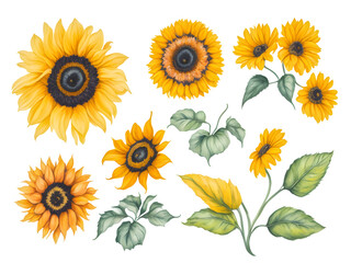 set of watercolor sunflower on transparent background, generative ai