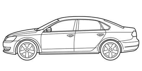 Classic sedan car. 4 door car on white background. Side view shot. Outline doodle vector illustration	