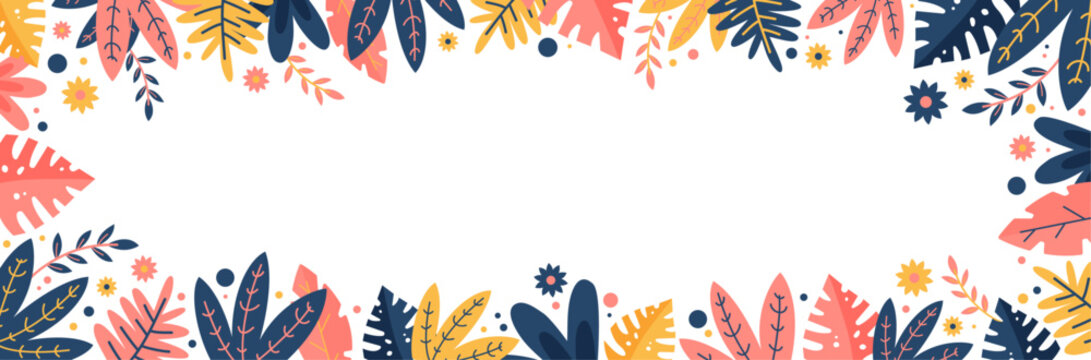 Cadre de fleurs - &Eacute;l&eacute;ments vectoriels modifiables pr&eacute;sentant des feuilles color&eacute;es - Arri&egrave;re-plan d&eacute;coratif po&eacute;tique - Illustrations de feuilles minimalistes - Encadrement 