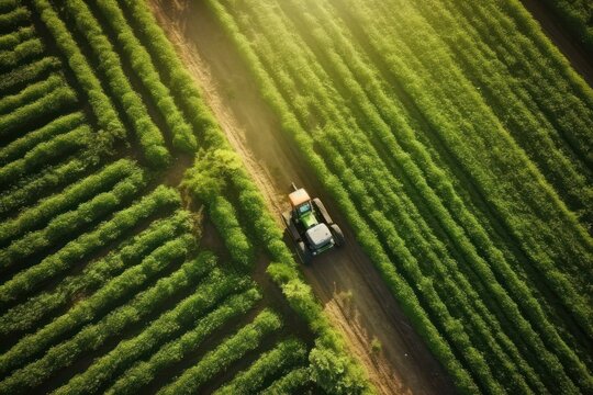 Tractor on the field aerial view. Agriculture and machinery. Generative AI