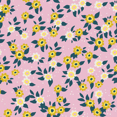 Seamless pattern of a blooming summer meadow. Repeating floral pattern on pink background. There are many different field yellow and white flowers on the field.