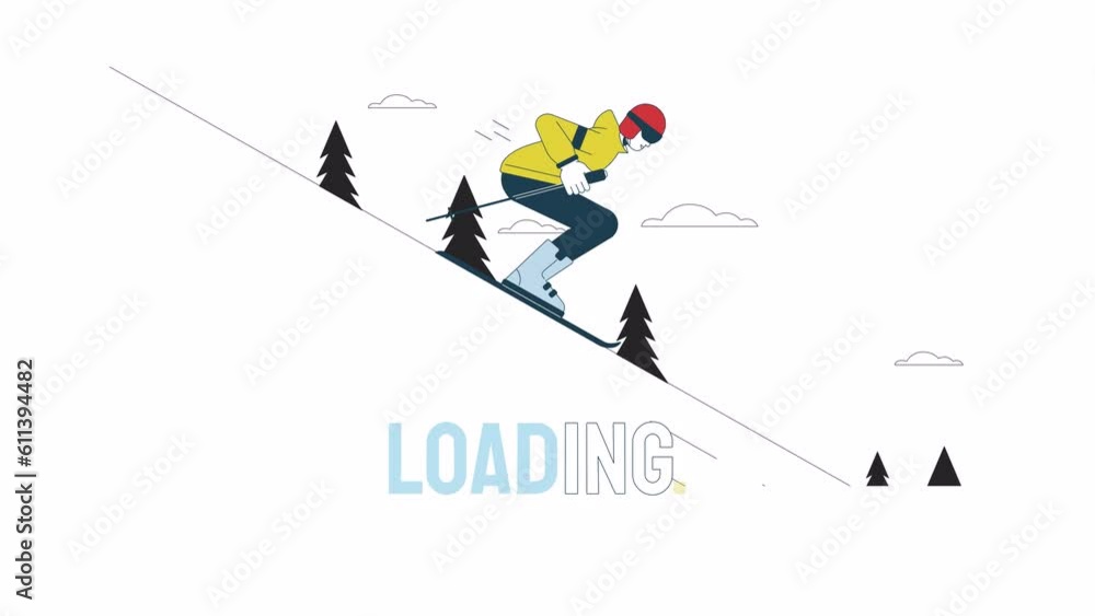 Poster skiing downhill loader animation. ski man on slope. skiing resort. flash message 4k video footage. i