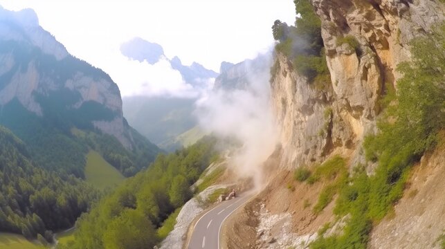 road destroyed by rockfall. natural disaster and catastrophe. . Generative AI